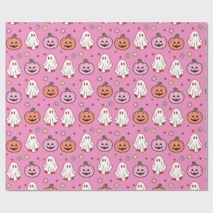 Schattige Halloween-geesten en pompoenen Roze Cadeaupapier