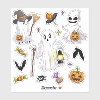 Schattige Halloween-geesten met heksenhut lantaarn Sticker