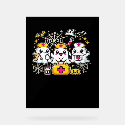 Schattige Halloween Ghost Nurse Trio met medische Acryl Bord (Voorkant)