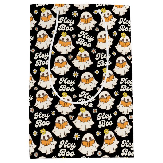 Schattige Halloween Ghost Retro Spooky Boo Zwart Medium Cadeauzakje (Voorkant)