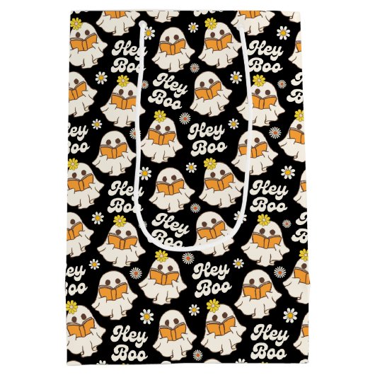 Schattige Halloween Ghost Retro Spooky Boo Zwart Medium Cadeauzakje (Achterkant)