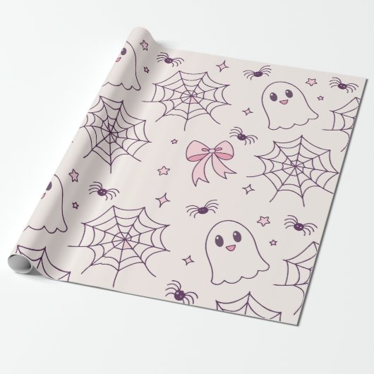 Schattige Halloween Ghost & Spiderweb-patroon Cadeaupapier (Uitgerold)