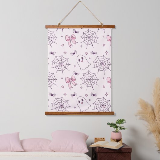 Schattige Halloween Ghost & Spiderweb-patroon Hangend Wandkleed (Slaapkamer)