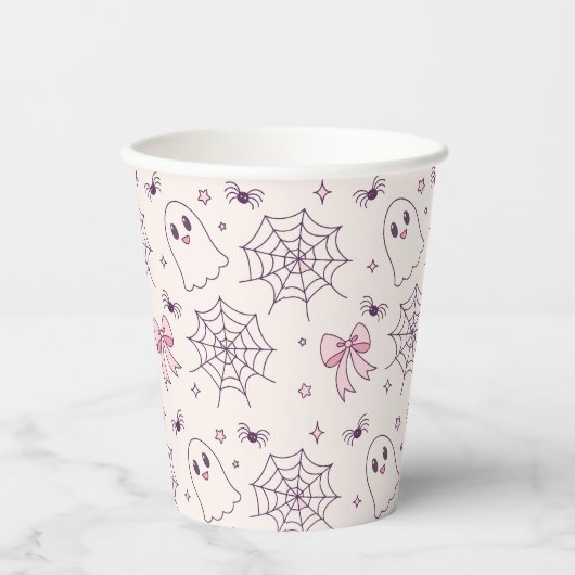 Schattige Halloween Ghost & Spiderweb-patroon Papieren Bekers (Voorkant)