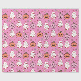 Schattige Halloween Ghosts & Pumpkins Roze Cadeaupapier