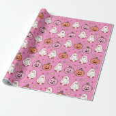 Schattige Halloween Ghosts & Pumpkins Roze Cadeaupapier (Uitgerold)