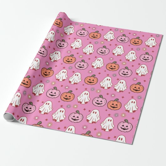 Schattige Halloween Ghosts & Pumpkins Roze Cadeaupapier (Uitgerold)