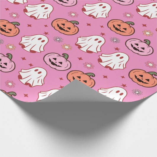 Schattige Halloween Ghosts & Pumpkins Roze Cadeaupapier (Hoek)