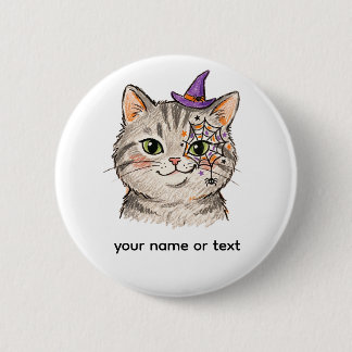 Schattige Halloween Grijze Lapjeskat Spinnenweb Ge Ronde Button 5,7 Cm