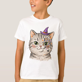 Schattige Halloween Grijze Lapjeskat Spinnenweb Ge T-shirt