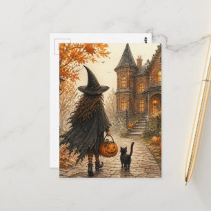 Schattige Halloween Heks en Zwarte Kat Briefkaart