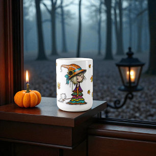 Schattige Halloween Heks & Kitten met Herfstblader Koffiemok