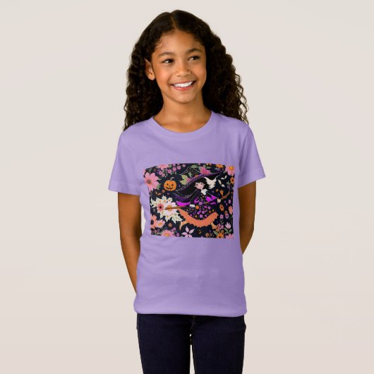 Schattige Halloween heks met bloemen en pompoen T-shirt (Voorkant volledig)