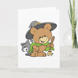 schattige halloween heks met zwarte teddybeer des kaart