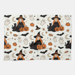 Schattige Halloween Heksen & Zwarte Katten Theedoek