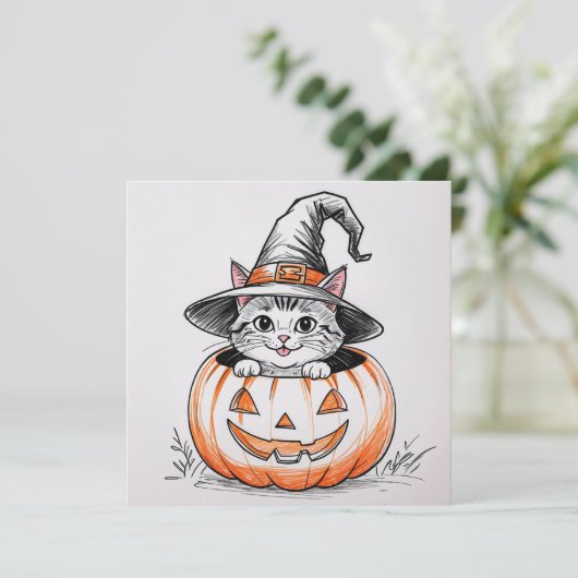 Schattige Halloween Heksenkitten en Jack O'Lantern Feestdagenkaart (Staand voorkant)