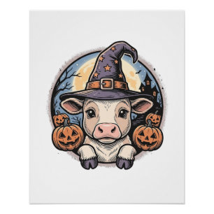 Schattige Halloween Kalf Heksenhoed Vintage Gravur Perfect Poster