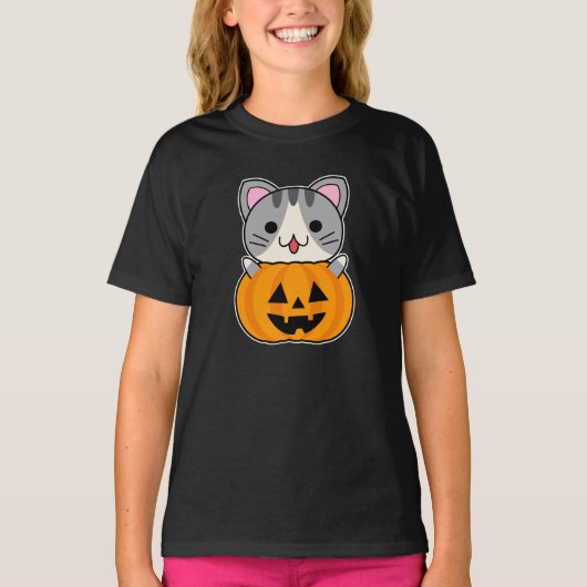 Schattige Halloween kat in Jack o Lantern T-shirt (Voorkant)