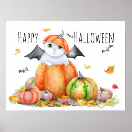 Schattige Halloween kat in pompoen Poster