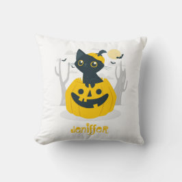 Schattige Halloween kat rijzend uit pompoen vleerm Kussen
