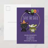 Schattige Halloween kat, vleermuis & mummie Boo S Uitnodiging Briefkaart (Voorkant / Achterkant)