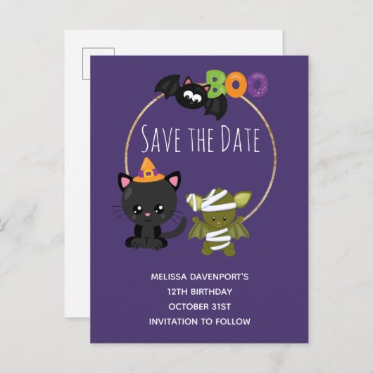 Schattige Halloween kat, vleermuis & mummie Boo S Uitnodiging Briefkaart (Voorkant / Achterkant)