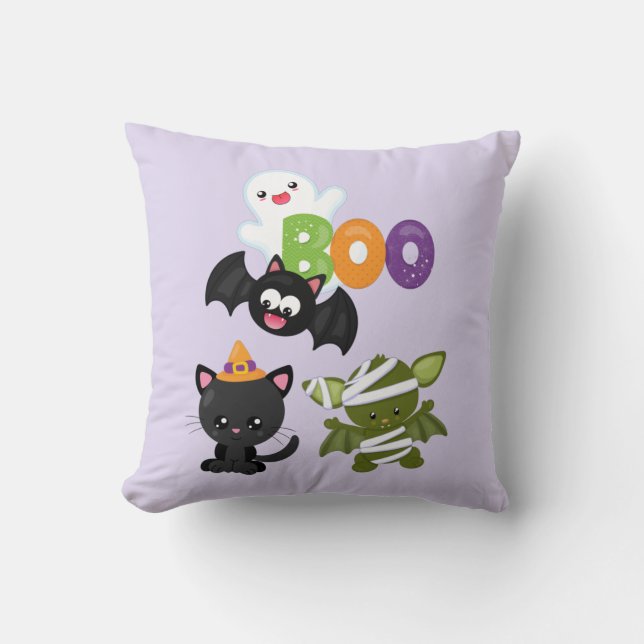 Schattige Halloween kat, vleermuis, mummie & spook Kussen (Voorkant)