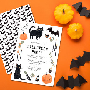 Schattige Halloween Kat Vleermuis Pompoen Feestje Kaart