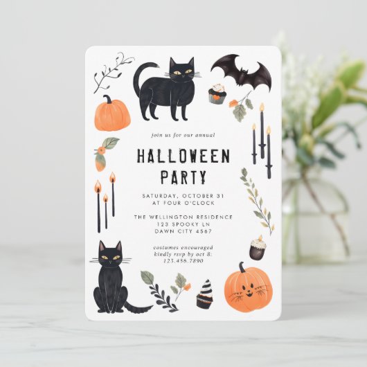 Schattige Halloween Kat Vleermuis Pompoen Feestje Kaart (Staand voorkant)