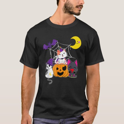 Schattige Halloween katten heks Jackolantern pompo T-shirt (Voorkant)