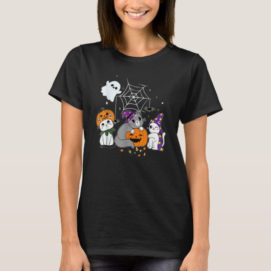 Schattige Halloween katten heks Jackolantern pompo T-shirt (Voorkant)