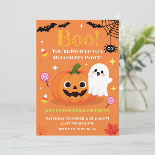 Schattige Halloween kinderfeest uitnodiging | Vrie (Staand voorkant)