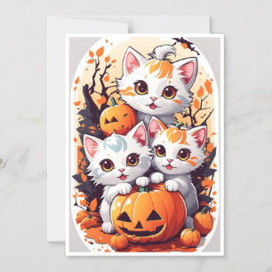 Schattige Halloween Kittens met Pompoen Kaart - 3 Magnetische Uitnodiging