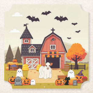 Schattige Halloween-koe en -boerderij Kartonnen Onderzetters