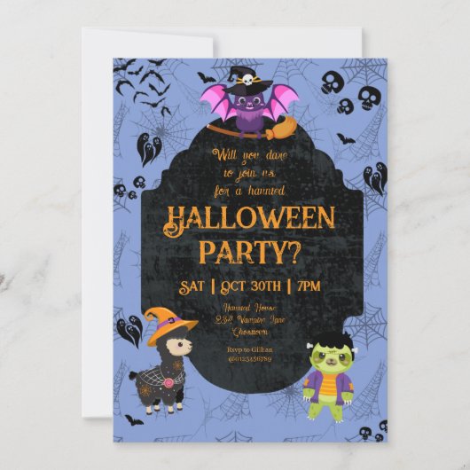Schattige Halloween Lama, Vleermuis, Luiaard Feest Kaart (Voorkant)