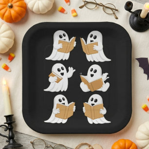 Schattige Halloween Lezende Geesten Leraar Bibliot Papieren Bordje