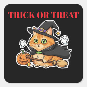 Schattige Halloween Oranje Heks Kat Pompoen Vierkante Sticker