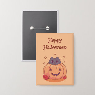 Schattige Halloween Pompoen Grijze Kat Button