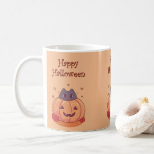 Schattige Halloween Pompoen Grijze Kat Koffiemok