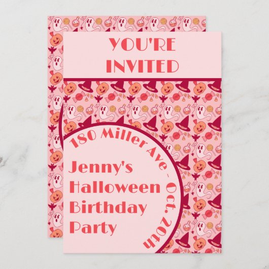 Schattige Halloween Roze Meisje Verjaardagsfeest Kaart (Voorkant / Achterkant)