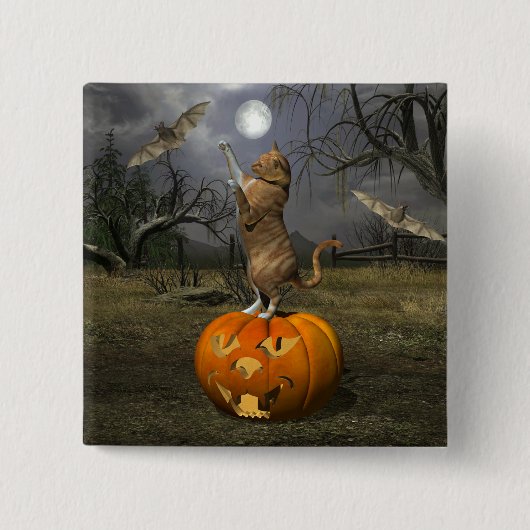 Schattige Halloween Sinaasappel Kat Batting Bats Vierkante Button 5,1 Cm (Voorkant)