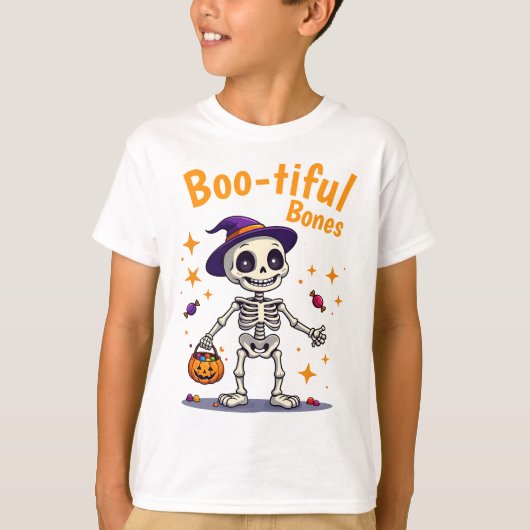 Schattige Halloween skelet met snoep T-shirt kinde (Voorkant)