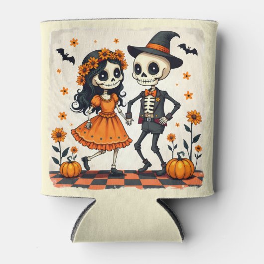 Schattige Halloween Skeleton Paar in Sinaasappel Blikjeskoeler (Voorkant)