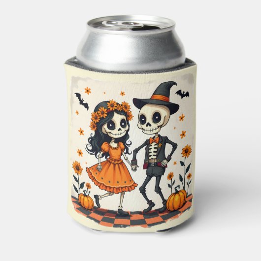 Schattige Halloween Skeleton Paar in Sinaasappel Blikjeskoeler (Blikje Achterkant)