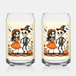 Schattige Halloween Skeleton Paar in Sinaasappel Blikvorm Glas