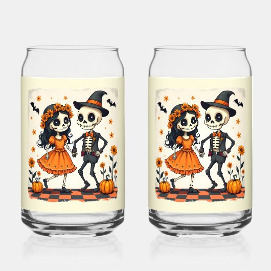 Schattige Halloween Skeleton Paar in Sinaasappel Blikvorm Glas (Voorkant)