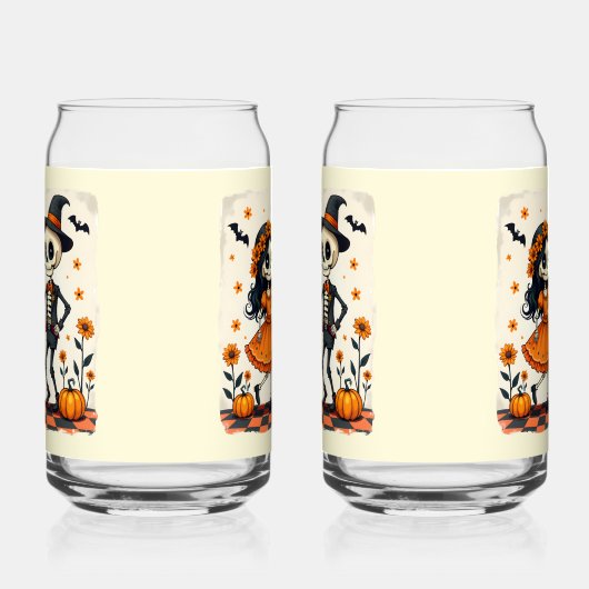 Schattige Halloween Skeleton Paar in Sinaasappel Blikvorm Glas (Links)