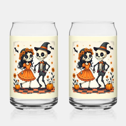 Schattige Halloween Skeleton Paar in Sinaasappel Blikvorm Glas (Achterkant)