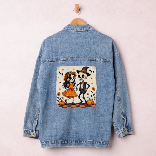 Schattige Halloween Skeleton Paar in Sinaasappel Denim Jacket (Hangar)