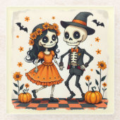 Schattige Halloween Skeleton Paar in Sinaasappel Glazen Onderzetter (Voorkant)